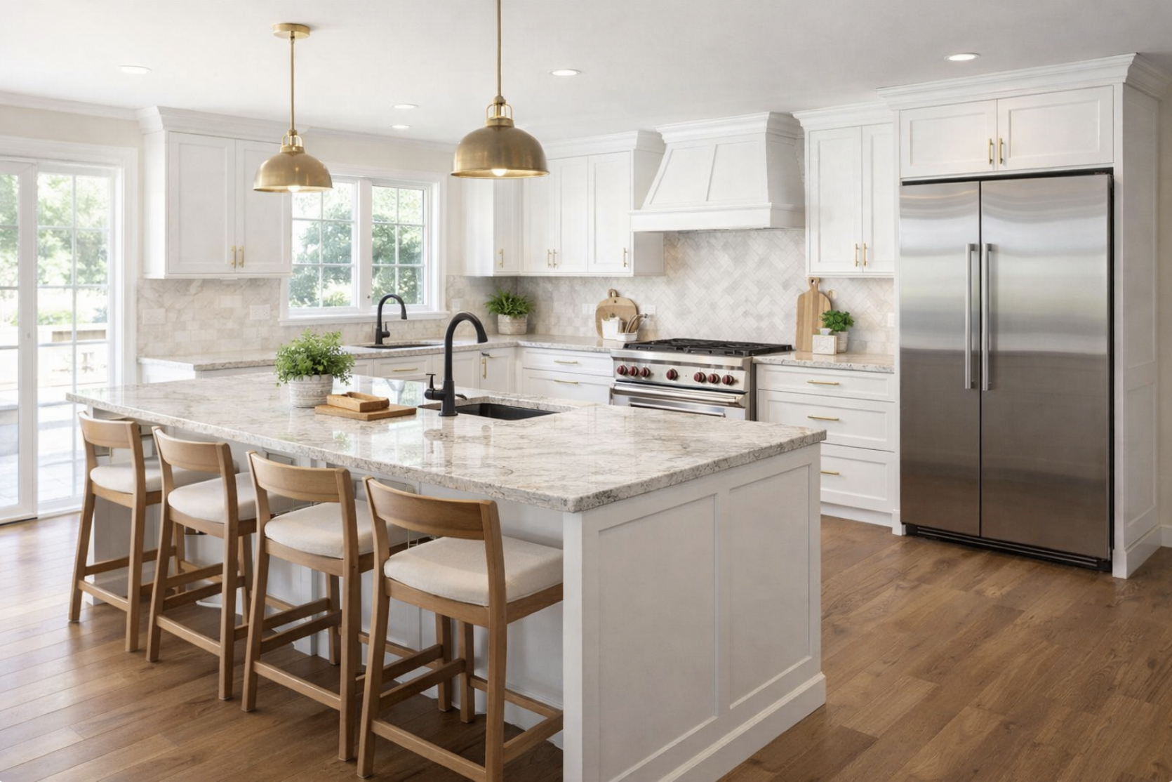 White kitchen with brass pendants